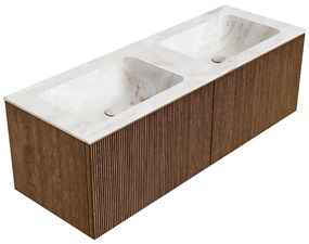 Mondiaz Kurve-dlux 130cm badmeubel walnut met 2 lades en wastafel leaf dubbel 2 kraangaten frappe