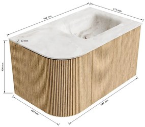 Mondiaz Kurve-dlux 75cm badmeubel ronding links oak met 1 lade en deur en wastafel grunne rechts zonder kraangat ostra