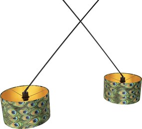 Hanglamp zwart met velours kappen pauw met goud 35 cm 2-lichts - Blitz