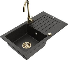 Mexen Pablo granitische gootsteen 1-kamer met afdruiprek en keukenmengkraan Telma, zwart/goud - 6510-75-670200-50