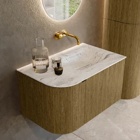 Mondiaz Kurve-dlux 75cm badmeubel ronding links dusk met 1 lade en deur en wastafel grunne rechts zonder kraangat glace