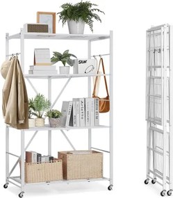 VEVOR 4-laags opvouwbare planken met wielen, 53 x 91 x 152 cm, opvouwbare, robuuste plankenkast, vrijstaande plankenkast, huishoudelijke plankenkast, keukenplankenkast, metalen plankenkast voor garage, keuken, kelder, wit