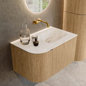 Mondiaz Kurve-dlux 75cm badmeubel ronding links oak met 1 lade en deur en wastafel grunne rechts zonder kraangat frappe