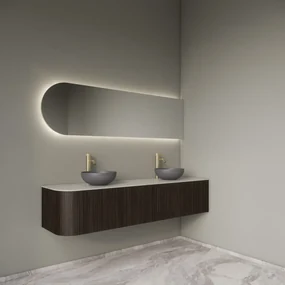 Gliss Design Alluro badmeubel ribbelfront met ronding links 180cm ebony en wit marmer toppaneel