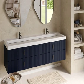 Muebles Estella badmeubel ribbelfront 160cm marine blauw met solid surface wastafel met kraangaten
