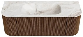 Mondiaz Kurve-dlux 130cm badmeubel ronding links/rechts walnut met 1 lade en 2 deuren en wastafel big small midden zonder kraangat frappe