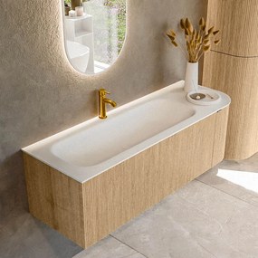 Mondiaz Kurve 135cm badmeubel ronding rechts oak met 1 lade en deur en wastafel big medium kraangat links
