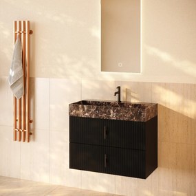 Muebles Murcia badmeubel ribbelfront 80cm zwart mat met Dark Emperador wastafel met kraangat