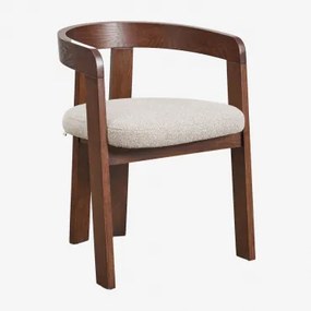 Yvone Gestoffeerde Eetkamerstoel Met Houten Armleuningen Donker Hout & Bouclé Natuurlijke Kleuren - Sklum