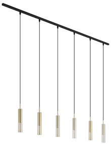 Modern railsysteem zwart met 6 hanglampen goud met amber glas 1-fase - Slimline Loyce