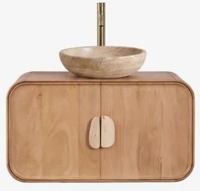 Hangend Badkamermeubelset 95x45 Cm Van Mangohout En Natuurlijke Kivalina-steen Spiegelloze & Geborsteld Goud ↑30 Cm Met Aftapkraan Zonder Overloop Orv