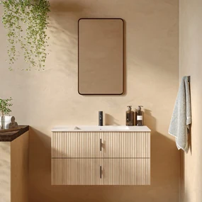 Muebles Marbella badmeubel ribbelfront 100cm naturel eiken met witte wastafel met kraangat