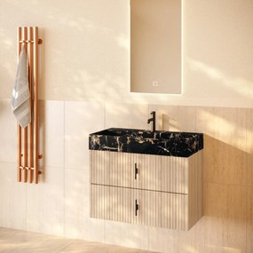 Muebles Murcia badmeubel ribbelfront 80cm naturel eiken met Portoro Gold wastafel met kraangat