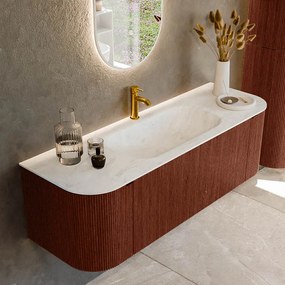 Mondiaz Kurve-dlux 140cm badmeubel ronding links/rechts ruby met 1 lade en 2 deuren en wastafel big small midden 1 kraangat opalo