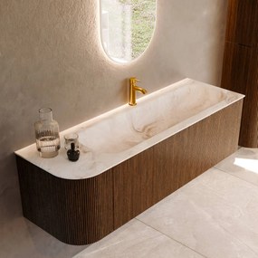 Mondiaz Kurve-dlux 145cm badmeubel ronding links dusk met 1 lade en deur en wastafel big large kraangat rechts frappe