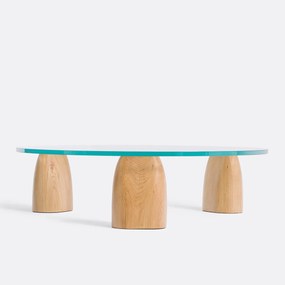 Ronde salontafel met drie poten in eik en glas, Clay