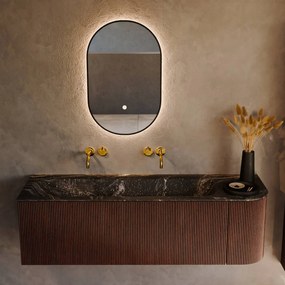 Mondiaz Kurve-dlux 145cm badmeubel ronding rechts ruby met 1 lade en deur en wastafel big large links zonder kraangat lava