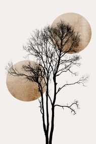 Ilustratie Sun and Moon hiding GOLD, Kubistika, (26.7 x 40 cm)