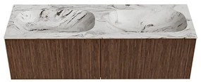 Mondiaz Kurve-dlux 140cm badmeubel walnut met 2 lades en wastafel stor small dubbel 2 kraangaten glace