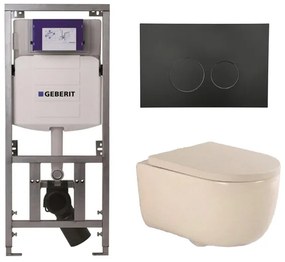 QeramiQ Dely Swirl Toiletset - 36.3x51.7cm - Geberit UP320 Burda inbouwreservoir - 35mm zitting - mat zwarte bedieningsplaat - ronde knoppen - beige 0701131/SW706188/SW1000771/SW1026259
