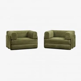 Pack Van 2 Slaapfauteuils Van Fluweel, Vacuüm Verpakt Kyoto Corduroy Leger Groen - Sklum