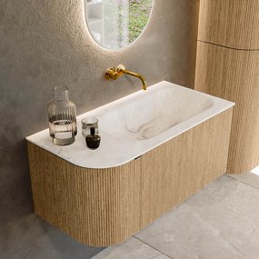 Mondiaz Kurve-dlux 95cm badmeubel ronding links oak met 1 lade en deur en wastafel big small rechts zonder kraangat frappe