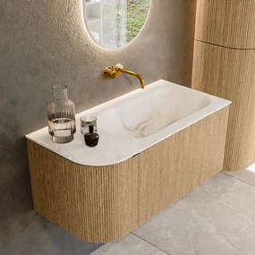 Mondiaz Kurve-dlux 95cm badmeubel ronding links oak met 1 lade en deur en wastafel big small rechts zonder kraangat frappe
