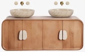 Dubbel Zwevend Badkamermeubelset 130x45 Cm Van Mangohout En Natuurlijke Kivalina-steen Spiegelloze & Travertijn - Mangohout & 2 X Ronde Travertijn Ø40