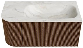 Mondiaz Kurve-dlux 95cm badmeubel ronding links walnut met 1 lade en deur en wastafel big small kraangat rechts ostra