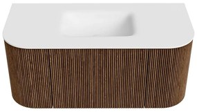 Mondiaz Kurve 100cm badmeubel ronding links/rechts walnut met 1 lade en 2 deuren en wastafel grunne midden zonder kraangat