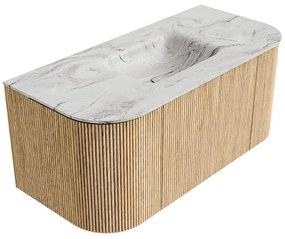 Mondiaz Kurve-dlux 100cm badmeubel ronding links/rechts oak met 1 lade en 2 deuren en wastafel grunne midden 1 kraangat glace