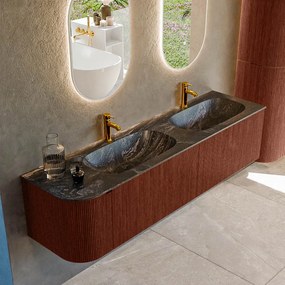 Mondiaz Kurve-dlux 175cm badmeubel ronding links ruby met 2 lades en 1 deur en wastafel stor small dubbel/rechts 2 kraangaten lava