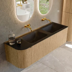 Mondiaz Kurve 145cm badmeubel ronding links oak met 1 lade en deur en wastafel cloud dubbel/rechts zonder kraangat urban