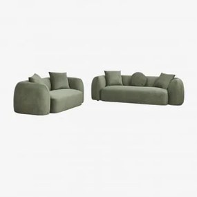 Woonkamer Set Met 2-delige Modulaire Bank En Fauteuil In Coco Chenille Stof Chenille Groen – Salie - Sklum