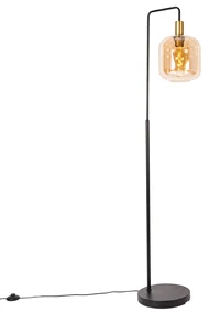 Smart vloerlamp zwart met messing en amber glas incl. Wifi G95 - Zuzanna E27 bol / globe / rond Binnenverlichting Lamp