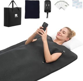VEVOR infrarood saunadeken met armgaten, 180x90cm, zwart, draagbare verwarmde deken voor zweten, ontspanning, detox, temperatuurregeling, timer, handdoekvoering, PU-leer, met draagtas