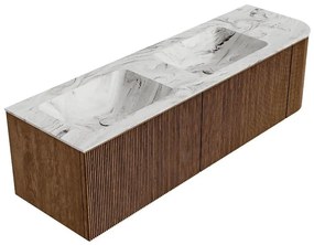 Mondiaz Kurve-dlux 155cm badmeubel ronding rechts walnut met 2 lades en 1 deur en wastafel leaf dubbel/links 2 kraangaten glace