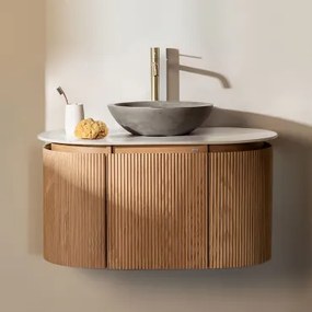 Carsone Hangend Badkamermeubelset Van Hout Natuurlijk Hout & Zonder Extra Eenheid & Rond Grijs Cement Ø40 Cm Tarsis & Spiegelloze & Goud - Sklum