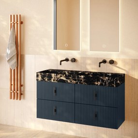 Muebles Murcia badmeubel ribbelfront 120cm marine blauw met Portoro Gold wastafel zonder kraangaten