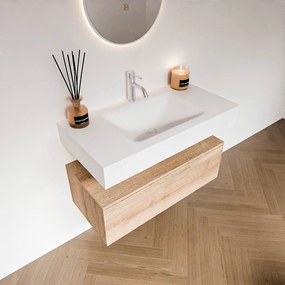 Zaro Alan badmeubel 90cm washed oak 1 lade met vrijhangende wastafel cloud midden 1 kraangat talc