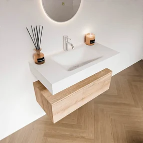 Zaro Alan badmeubel 90cm washed oak 1 lade met vrijhangende wastafel cloud midden 1 kraangat talc