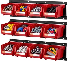 VEVOR stapelboxen voor aan de muur, 137x105x75mm opbergboxen (12 stuks) &amp; 3 metalen rails, zichtbare opbergboxen voor schroeven, moeren, bouten en spijkers, gereedschapsorganizer voor werkplaats, hobbykamer, garage, rood