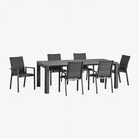 Rechthoekige 180x100 Cm Arnadine Tafelset En 6 Stapelbare Karena Aluminium Tuinstoelen Grijs – Grafiet - Sklum