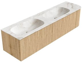 Mondiaz Kurve-dlux 175cm badmeubel ronding rechts oak met 2 lades en 1 deur en wastafel stor small dubbel/links zonder kraangat frappe