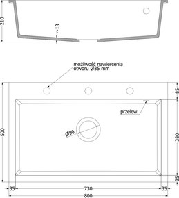 Mexen Elix granieten gootsteen 1-comparteer 800 x 500 mm, zwart, sifon chroom - 6527801005-77