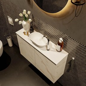 Mondiaz Fowy toiletmeubel 80cm Carrara met witte waskom midden en kraangat