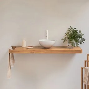 Conjunto Van Meubel 130x45 Cm Hangend In Teakhout Neill Teakhout & Spiegelloze & Wit ↑30 Cm Met Aftapkraan Zonder Overloop Orveta & Rond Wit Keramiek