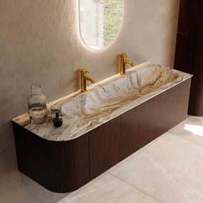 Mondiaz Kurve-dlux 145cm badmeubel ronding links ruby met 1 lade en deur en wastafel big large rechts 2 kraangaten glace