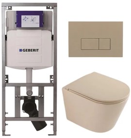 QeramiQ Dely Toiletset - 36.3x51.7cm - diepspoel - rimless - Geberit UP320 inbouwreservoir - softclose toilet zitting - bedieningsplaat taupe - rechthoekige knoppen - mat beige SW1000764/SW1000770/0701131/SW1102379