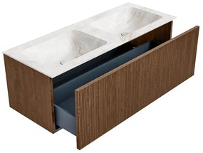 Mondiaz Kurve-dlux 120cm badmeubel walnut met 1 lade en wastafel leaf dubbel 2 kraangaten frappe